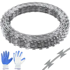 Galvanized Steel Razor Wire Fencing, YS07-3 Model, 2 Rolls (98 ft Total) Corrosion-Resistant Razor Ribbon Barbed Wire for Garden, Farm Security, Gloves Included for Safe Installation