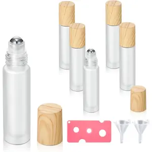 6 Pack 10ml Empty Frosted Glass Essential Oil Roller Bottles with Stainless Steel Roller Balls and  Grain Plastic Caps Refillable Container for Perfume(6 Pack  Grain Plastic Caps)