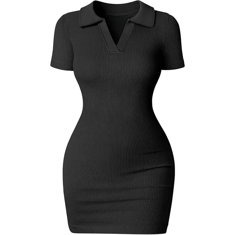Women's Mini Dresses Sexy Ribbed Short Sleeve Tummy Control Bodycon Mini Dress