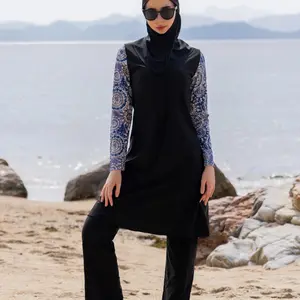 Women's Ethnic Pattern Long Sleeve Swimwear Three-Piece Set, Modest Swimsuit for Beach Holiday Vacation, Ladies Swimwear for All Seasons, Modest Swimming Wear