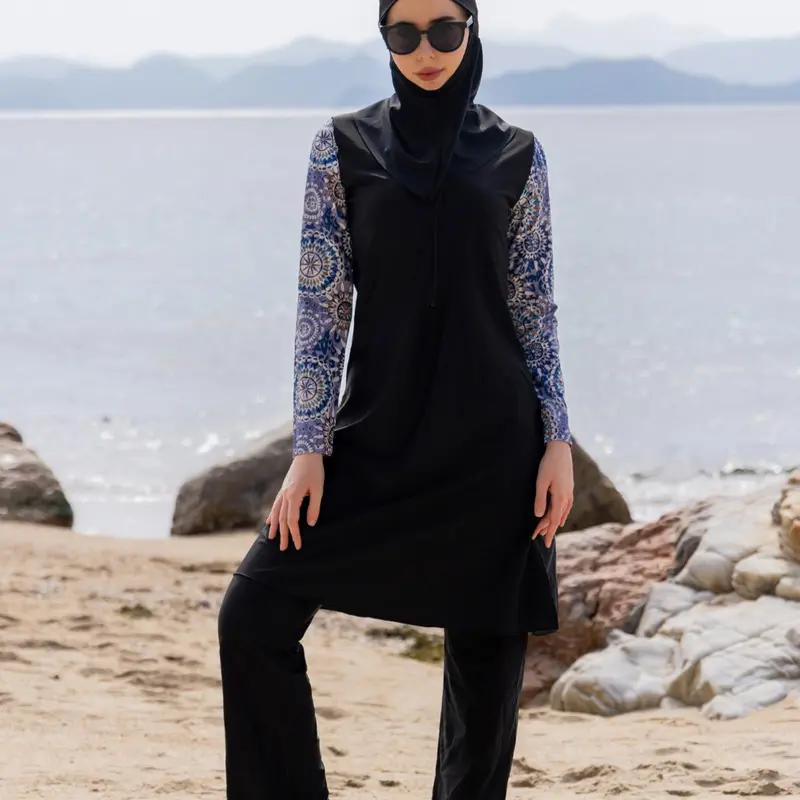 Women's Ethnic Pattern Long Sleeve 3-Piece Swimsuit Set, Muslim Swimwear, Modest Swimming Wear for Beach Holiday Vacation, Ladies Swimwear for All Seasons