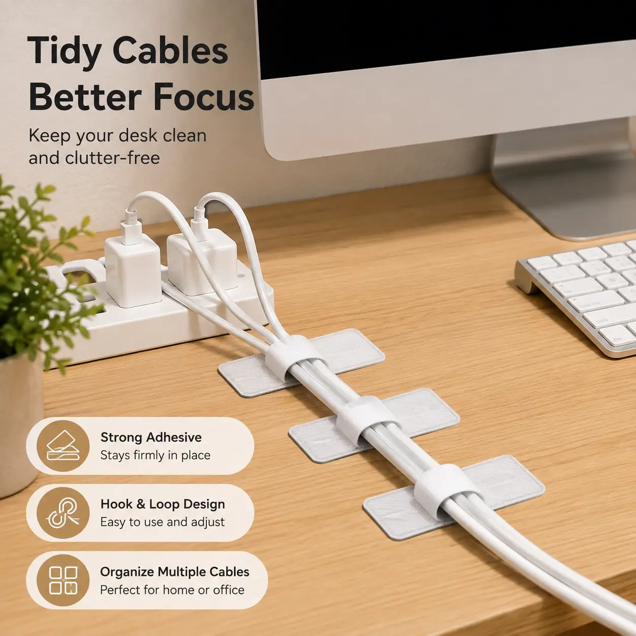 10Counts, Hook and Loop Cable Ties, self adhesive design, tidy scattered wires