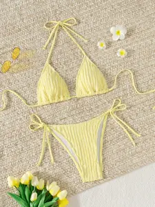 2026 New High-End Sexy Bikini Halter Tie Triangle Cup Beach Vacation Swimsuit Two-Piece Set for Women, Elegant and Trendy Swimwear