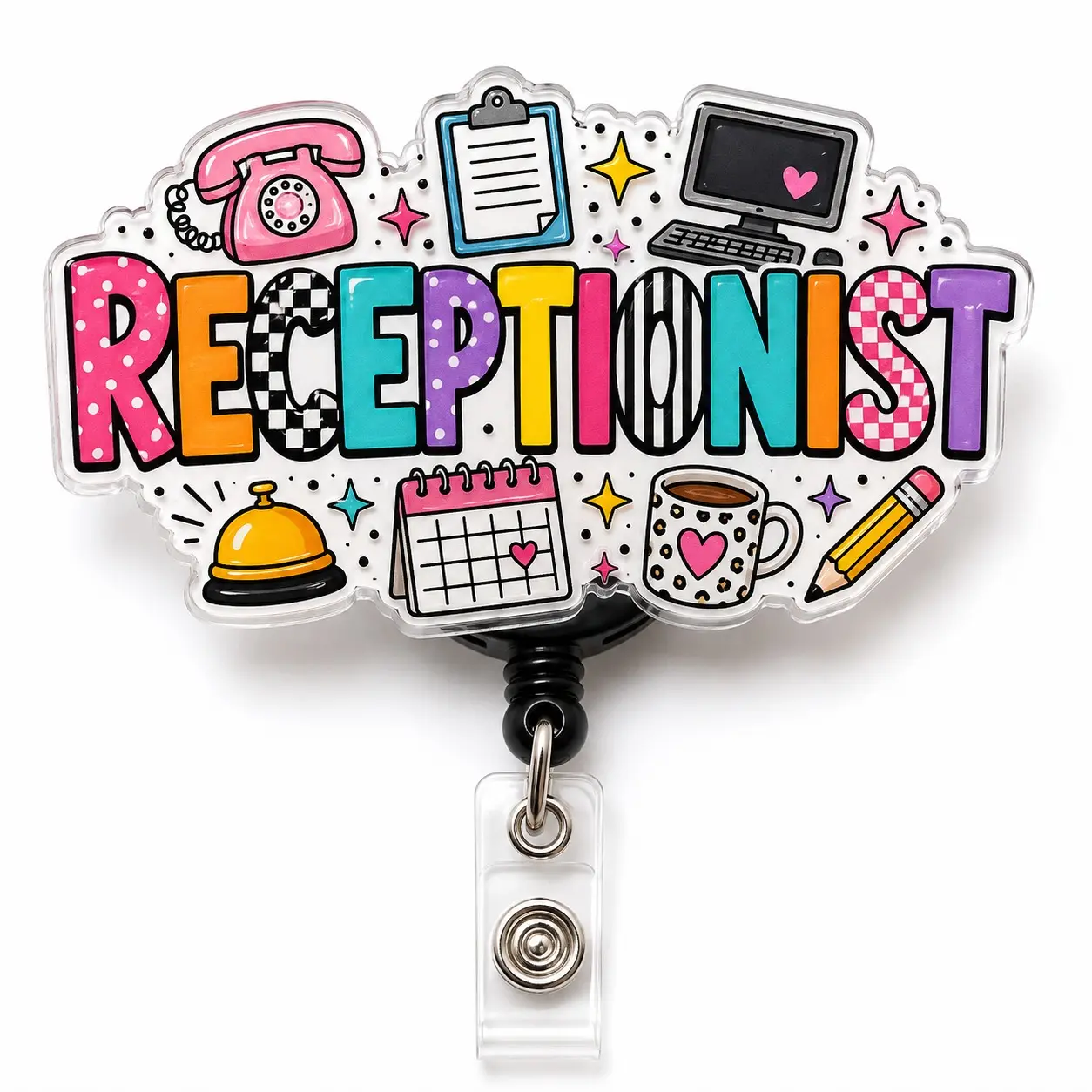Retractable Acrylic Badge Reel with 2 In Acrylic Topper, Clip-On ID Holder, Retractable Cord, Playful Icons for Front Desk Staff, Office Stationery Identification Supply