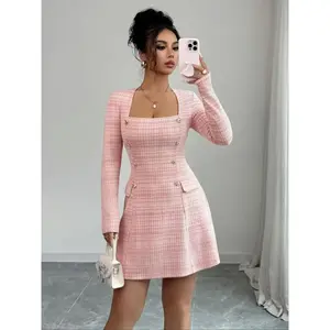 Elegant women’s woven dress with long sleeves and a square neckline, slim fit design that flatters the figure, perfect for both casual and formal occasions