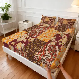 3Pcs Vintage Patchwork Floral Fitted Sheet Set, Warm Brown American Country Style, Non-slip Fit Skin-friendly Breathable, Ideal for Independence Day Retro Home Bedroom Renovation