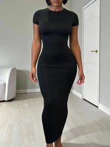 Y2K Form Fitting Bodycon Maxi Dress, Short Sleeve Long Dress, Slim Fit Tight Party Dress, Stretchy & Soft, Chic, Trendy, Everyday Nightclub & Daily Outfit for Women