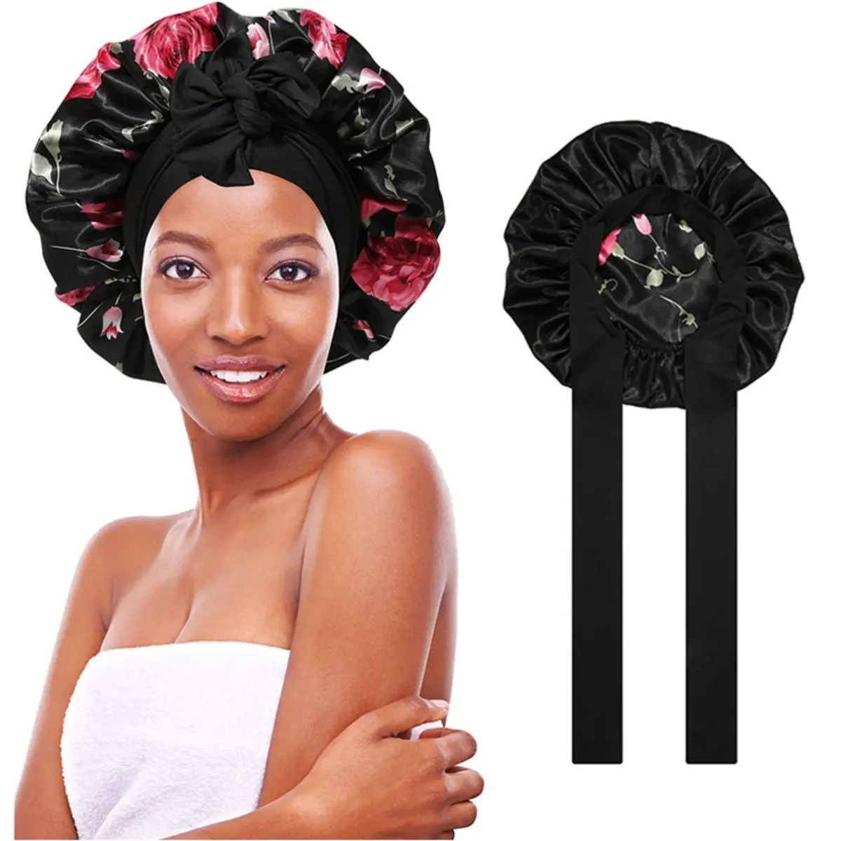 AWAYTR Satin Nightcap for Women, Reversible Floral Print Double Layer Bonnet with Adjustable Tie Band for Sleeping and Hair Care, Cover, One Size Fits All