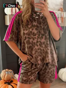 Summer Casual Colorblock Striped Leopard Print Short Sleeve Shorts Set Two-Piece, Women's Fashion, Womenswear, Comfortable and Stylish