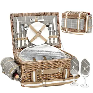 Picnic Basket for 2 with Blanket - Wicker Picnic Basket with Strap&Wine Bag | Willow Picnic Set for 2 Person with Insulated Cooler | Wicker Hamper with Cutlery Kit, Greycheck