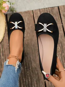 Women's Casual Flat Shoes with Rhinestones & Bow Design, Comfortable Rubber Sole, Floral Pattern, All-Season Footwear, Slip On Flats