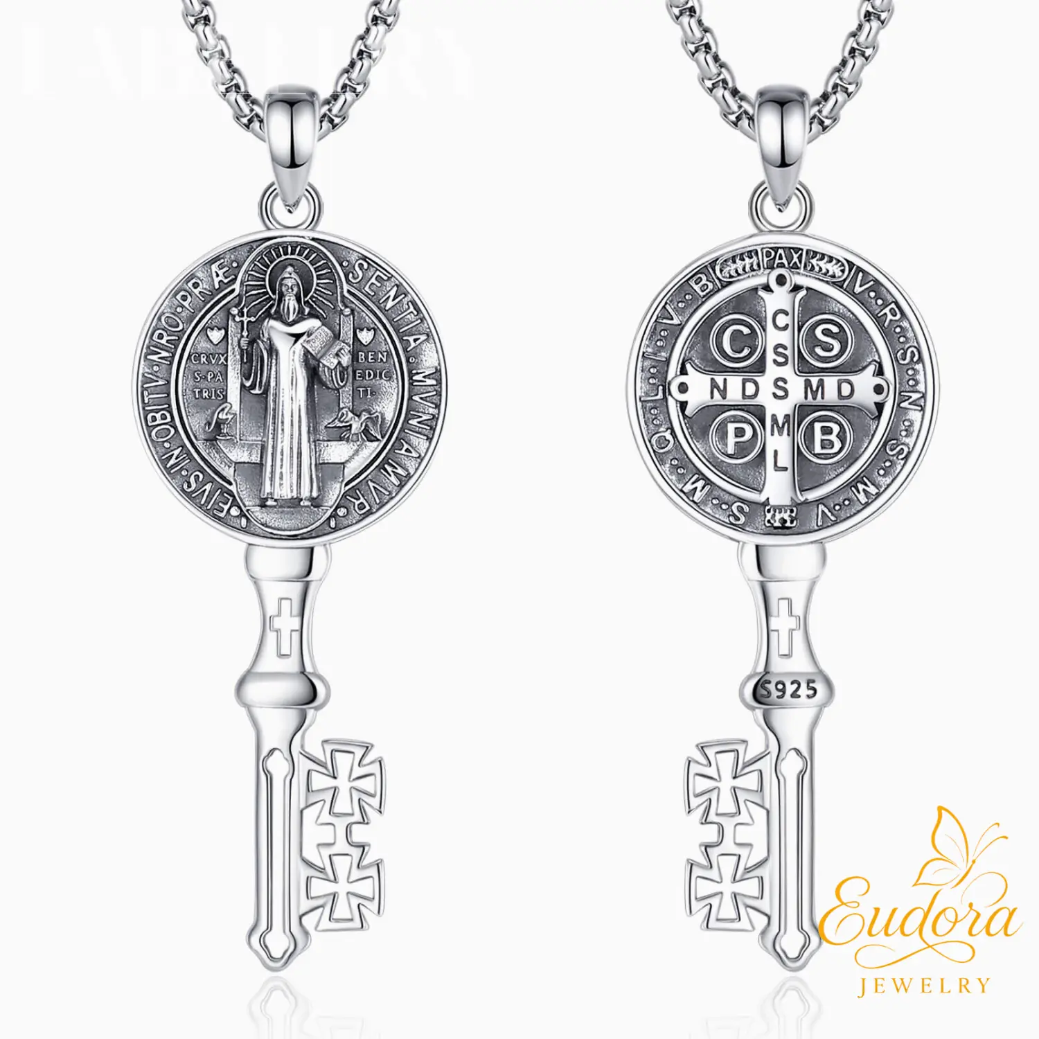 Eudora S925 Sliver St. Benedict Key Necklace, Silver and Gold-Plated Saint Benedict Pendant for Spiritual Protection, Catholic Sacramental Jewelry Gift for Prayer Eudora S925 Sliver St. Benedict Key Necklace, Silver and Gold-Plated Saint Benedict Pendant for Spiritual Protection, Catholic Sacramental Jewelry Gift for Prayer