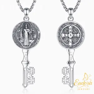 Eudora S925 Sliver St. Benedict Key Necklace, Silver and Gold-Plated Saint Benedict Pendant for Spiritual Protection, Catholic Sacramental Jewelry Gift for Prayer
