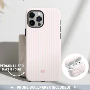 Personalized Pink Phone Case Custom Monogram iPhone Case Aesthetic Pink Striped Phone Case Summer Coastal Phone Case Preppy Phonecase Beachy