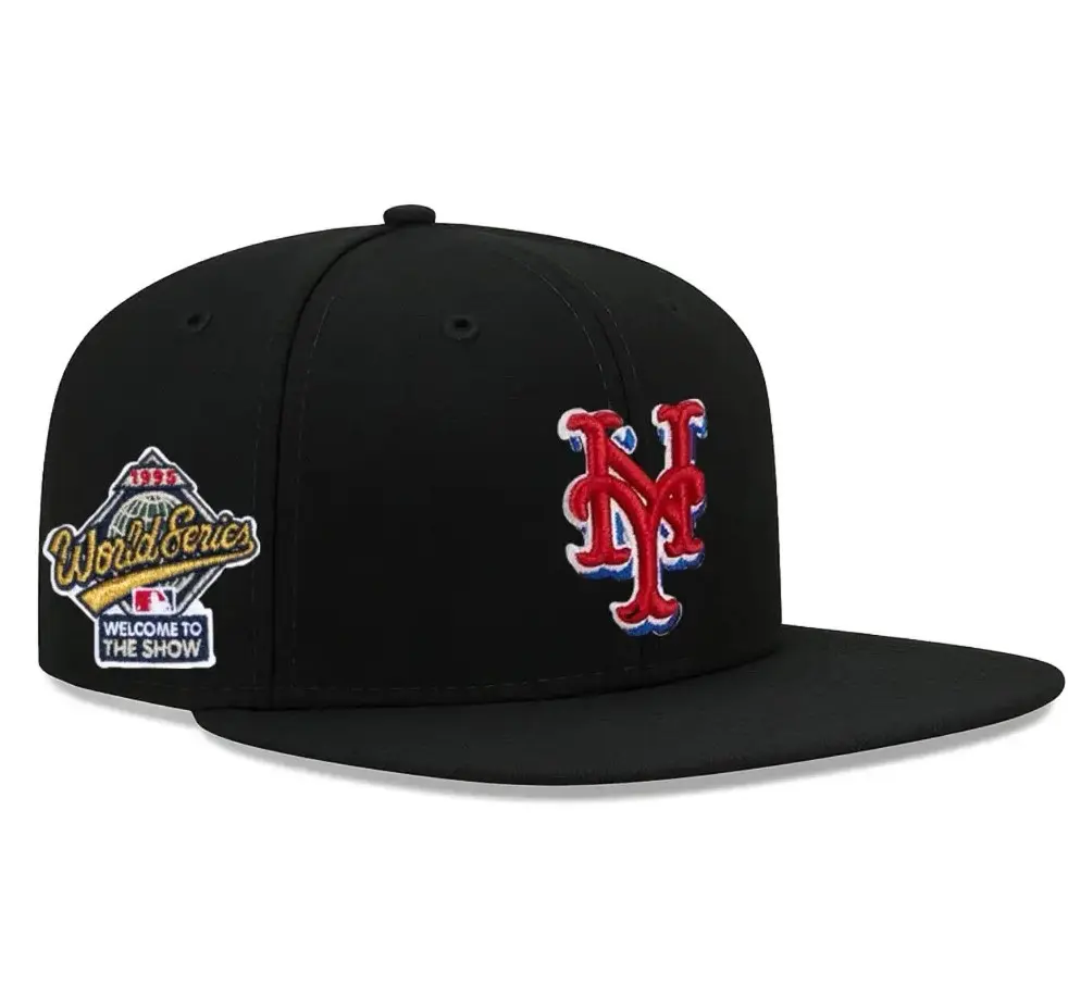 New Era 9FIFTY MLB New York Mets World Series Flat Brim Snapback Cap, Black Embroidered Logo, Blue Red Outline Baseball Hat, Flat Brim Streetwear Limited Edition Gorras