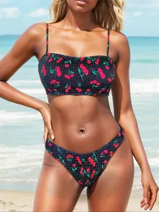 Women's Cherry Print Ruched Bikini Set, Casual Fruit Print Swim Top & Swim Bottom, Two-piece Swimsuit for Beach Holiday Vacation Beach Bikinis, Bikini Beach Wear