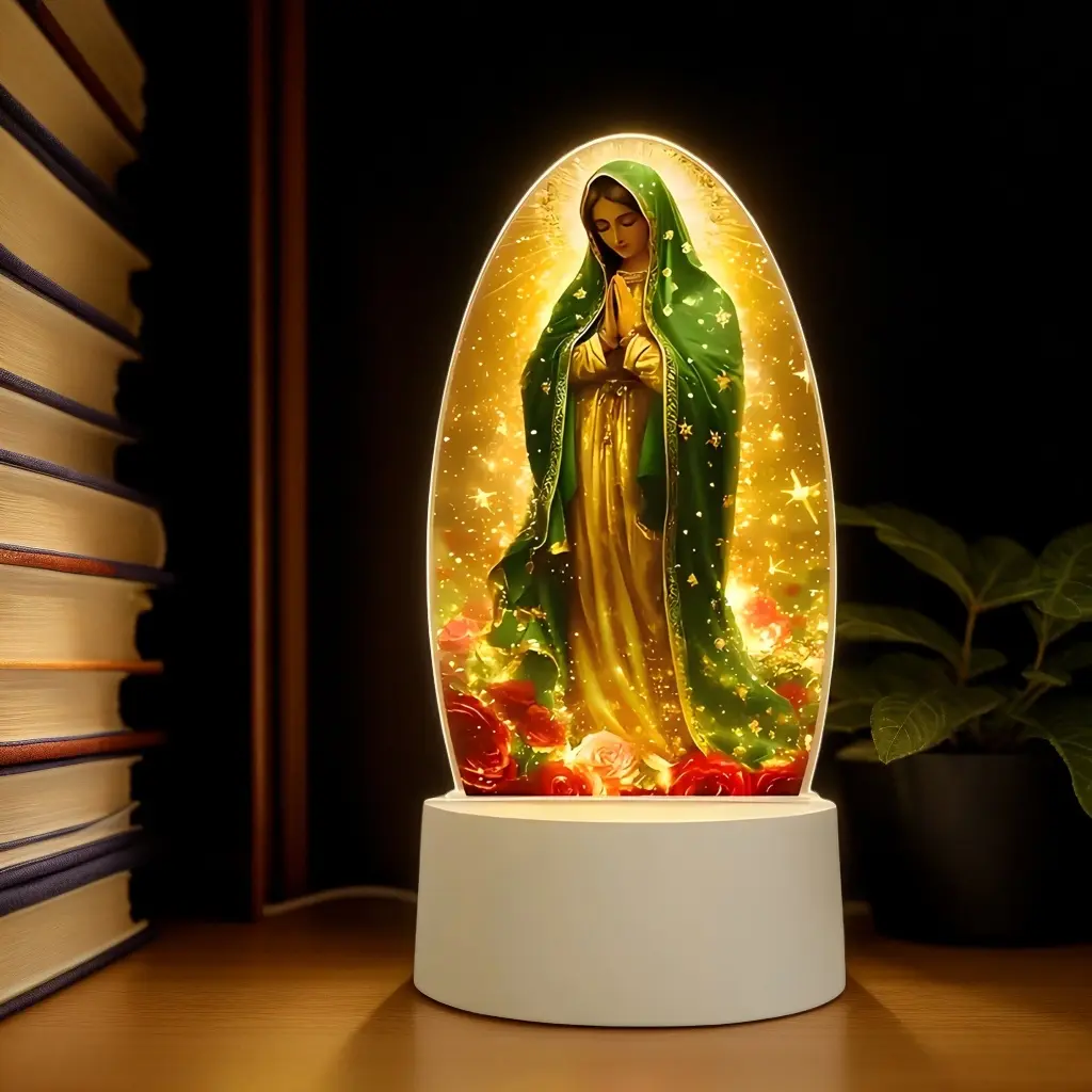 【7-Color Lighting Upgrade】Sacred Guadalupe Virgin Prayer Lamp, USB-Powered Warm Light, Home Decor, Baptism Worship, Spiritual Gift for New Homes, Religious Statue Figurine with Multicolor Rosary Cross
