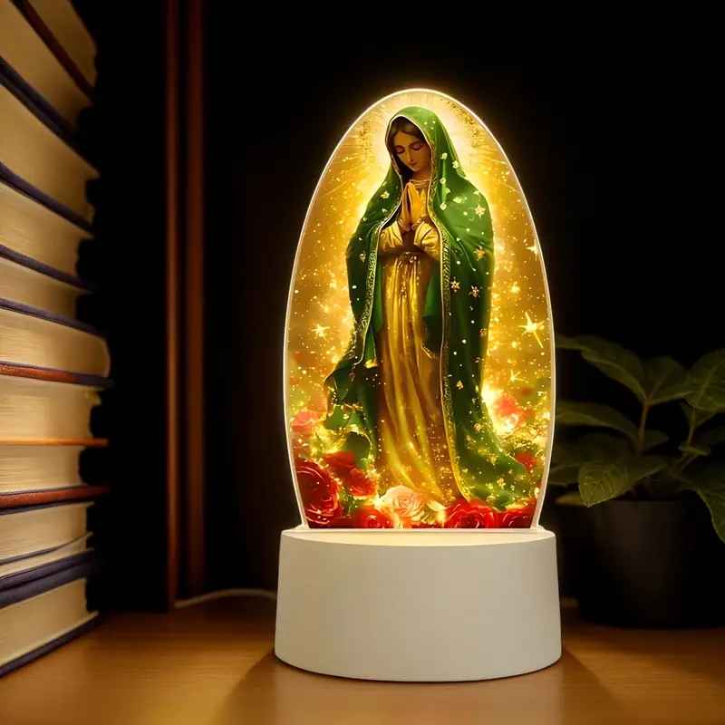 7-Color LED Light Sacred Guadalupe Virgin Prayer Lamp, USB-Powered Warm Light with Spiritual Glow, Christianity Multicolor Rosary Cross, Stylish Religious Decor Statue Figurine, Baptism New-Home Gift Fit for Indoors