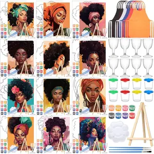 96 count 12 Sets Pre Drawn Canvas Kit for Painting Craft Sip and  Kit for Adults Pre Printed Canvas Painting Favor for DIY Birthday Gifts Adult's Date Party, 8 x 10 Inches(Lady)