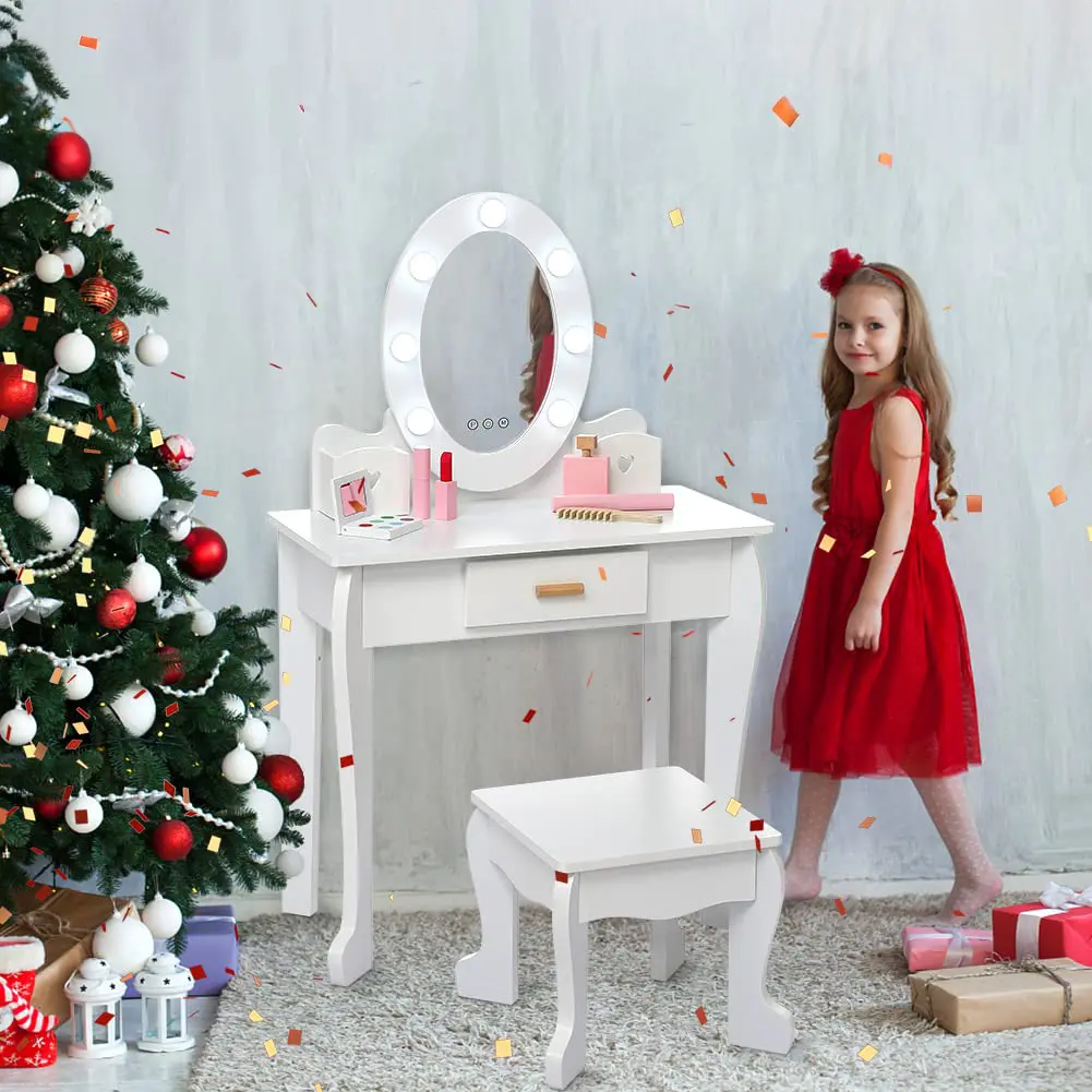 Kids Vanity Set with Mirror and Drawer - Pretend Play Dress-Up Fun, Lights & Wooden Makeup Playset for Girls 4-9 Yrs