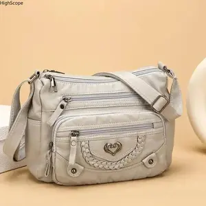 Stylish Women Leather Crossbody Bag Heart Pattern Multi Pocket Versatile Everyday Handbag