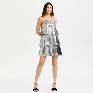 Women's Metallic Tiered Mini Dress - A New Day Silver XS