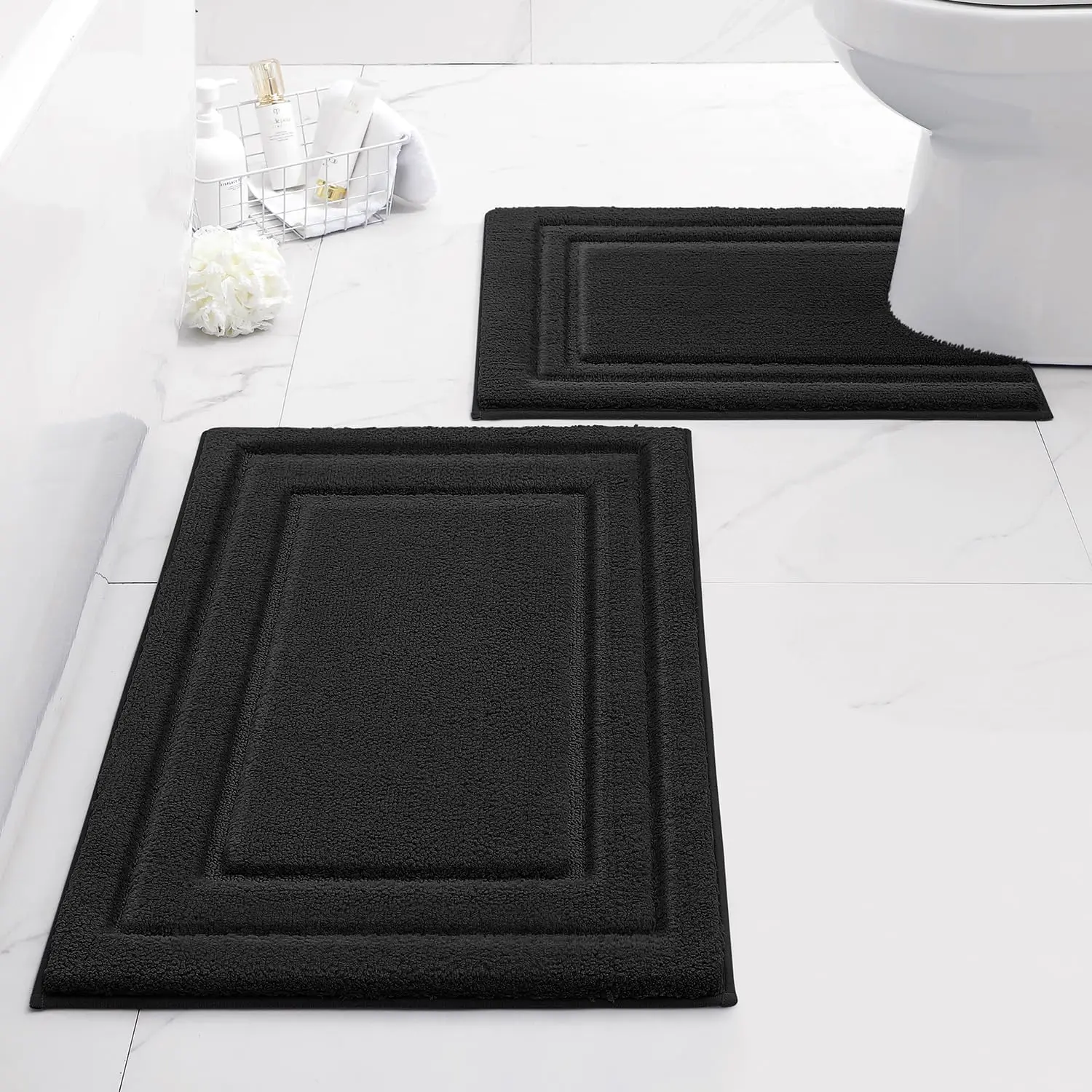 2-Piece Decorative Double Pack Bathroom Rugs Set, Super Soft Super Absorbent Non-Slip Rubber Back Microfiber U-Shaped Toilet Bath Mats (20"x32"+20"x24, Black), Decorative Bath Mats, Double Pack Bath Mats