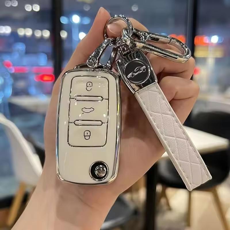 TPU Car Key Case with Keychain, Fashionable Car Key Protector for VW Volkswagen Polo Golf Passat Tiguan Beetle Caddy T5 Up Eos For Skoda Octavia Seat Leon Altea，Women Gift, Car Key Accessory