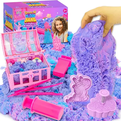 CAROLART Unicorn Stretchy Cloud Sand Kit - Blue & Pink Play Sand Treasure Chest, Moldable Expandable Tactile Slime for Kids Ages 3+, Sensory Enhancement, Creative Play, Flexibility, Cloud Slime Craft Kits, Crafting with Kids