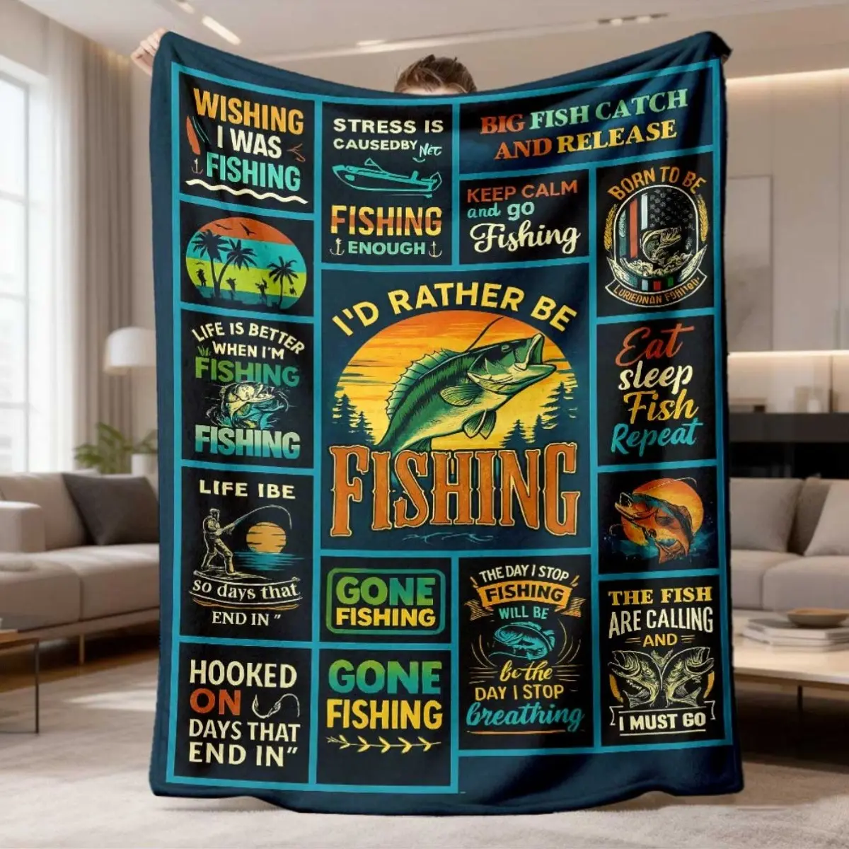 2026 New Arrival Flannel Blanket Funny Fishingthemed Flannel Blanket I'D Rather Be Fishing Design with Fish & Tackle Graphics, Perfect Gift for Men, Dad, Grandpa Machine Washable, Allseason Comfort, Fishing Accessory H