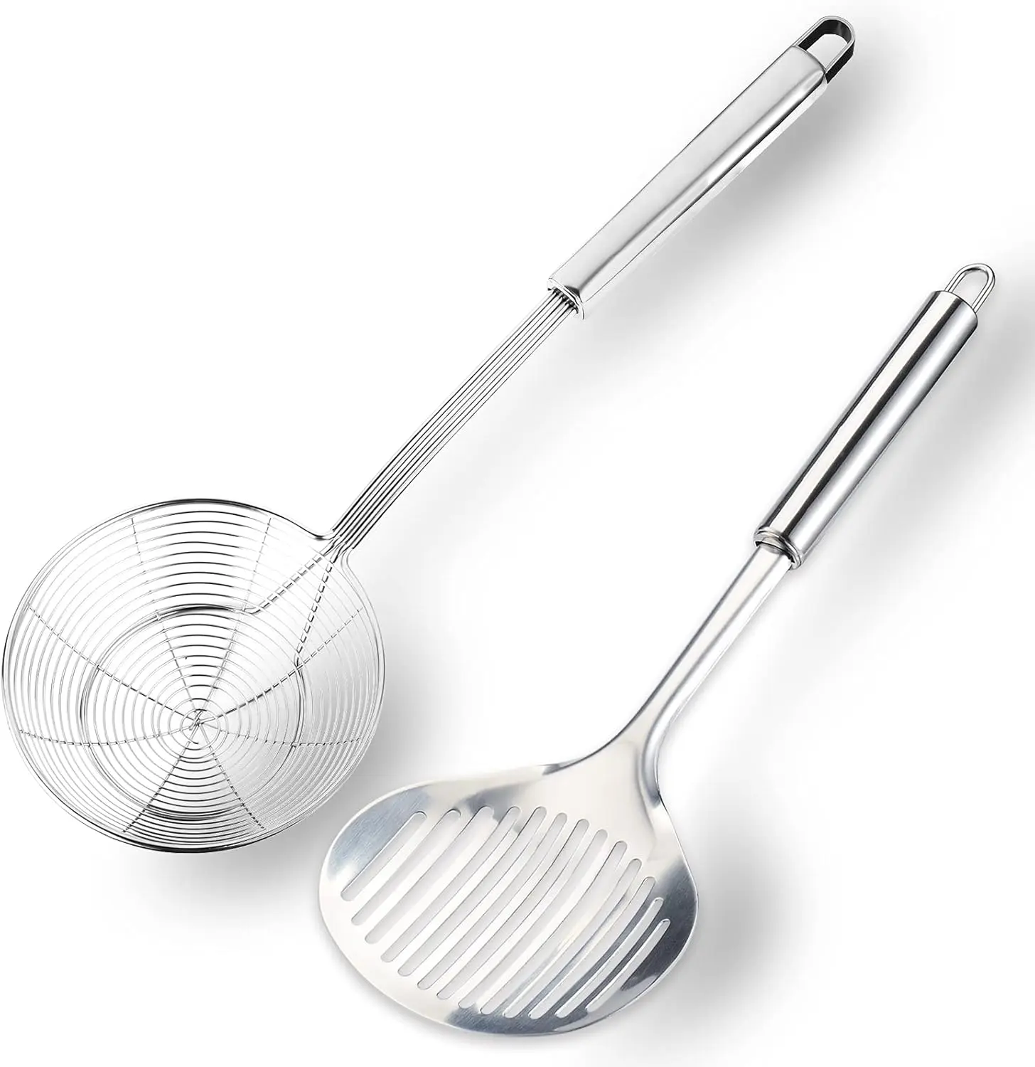 2-Piece Stainless Steel Spider Skimmer & Slotted Spoon Set - Long Handle Double Coil Mesh Grid Heat-Resistant Cooking Strainer for Fry Cooking, Pasta, Soup Grease (Silver)