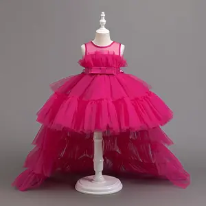[Pink Princess Dress] Elegant Pink Princess Dress |   Girls' Tulle Party Dress with Ruffled Skirt - Sleeveless Round Neck Long Formal Gown for Birthdays, Weddings, Special Occasions