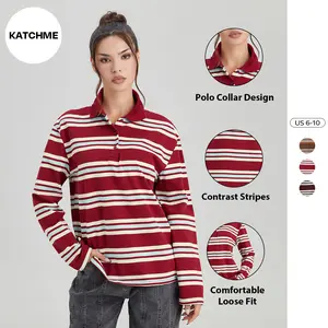 KatchMe Women's Casual Color-Matching Stripe Partial Button Long Sleeve Top, Versatile Striped Cotton Polo Shirt, Comfort Loose Streetwear