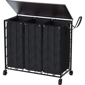 Laundry Basket with Wheels, 142L Hamper 3 Section with Lid, Dirty Clothes Hamper with Removable Bags, Large Capacity Iron-Made Organizer Laundry Sorter for Dorm, Black