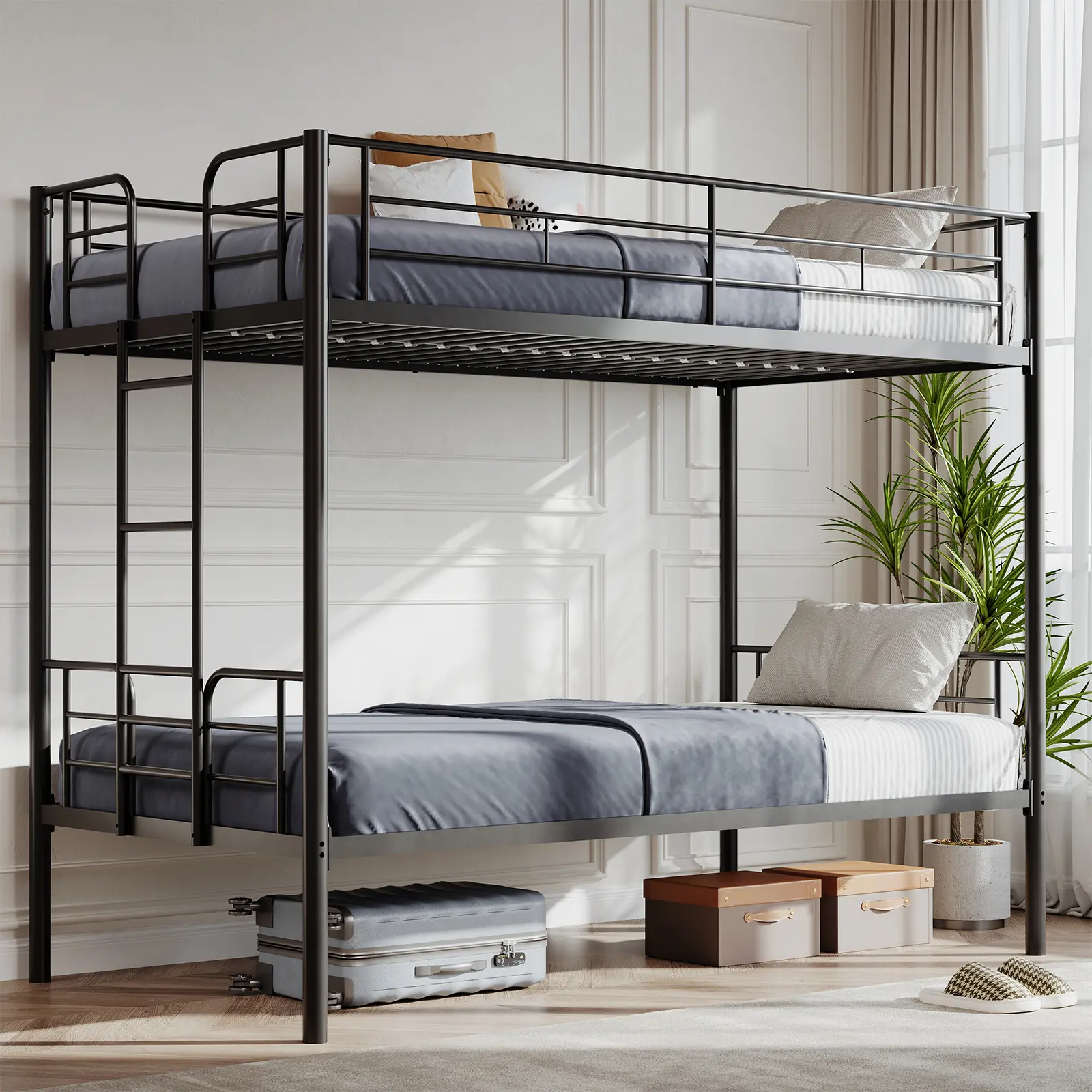 Metal Bunk Bed Twin Over Twin with Ladder and High Guardrail, Convertible to 2 Separate Beds Heavy-Duty Metal Slats Support, Under-Bed Storage Space, No Box Spring Needed, Noise Free