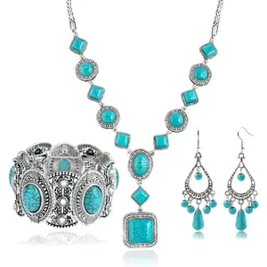 Bohemian Turquoise Necklace Set - Women's Western Jewelry with Long Choker, Pendant, Dangle Earrings, Layered Bracelets