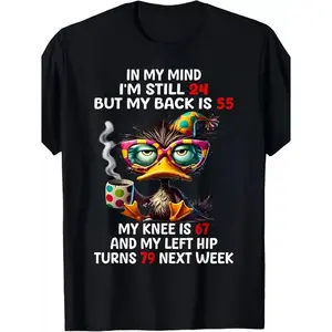 2026 Spring New Arrival Funny Duck Coffee Men's T-Shirt, In My Mind I'm Still 24 Humorous Graphic Tee, Soft Breathable Black Casual Top for Daily Wear