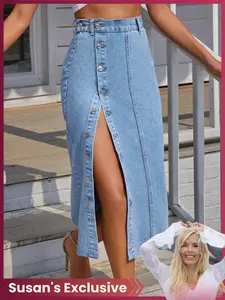 【Susan's Exclusive】Sexy Button Fly Denim Midi Skirt, High Waist A-Line Design, Casual Daily Wear, Perfect for Valentine's Day T-Chic, BlackFriday Sale,