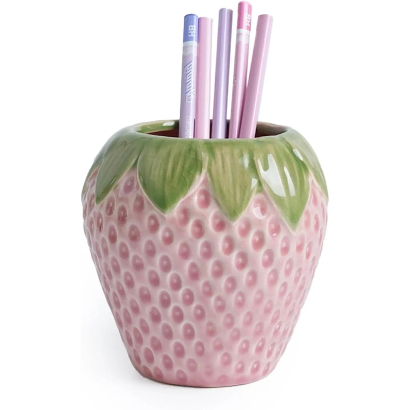 Strawberry Pencil Holder, Cute Pen Holder for Desk, Ceramic Pen Holder, Stand Makeup Brush Holder, for School, Home, Office Desk Decor(Pink)