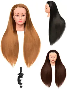 Human Hair Styling Practice Head Mannequin Head with Long Straight Hair in Gold Colors, Includes Table Stand for Hairdressing Salon Use