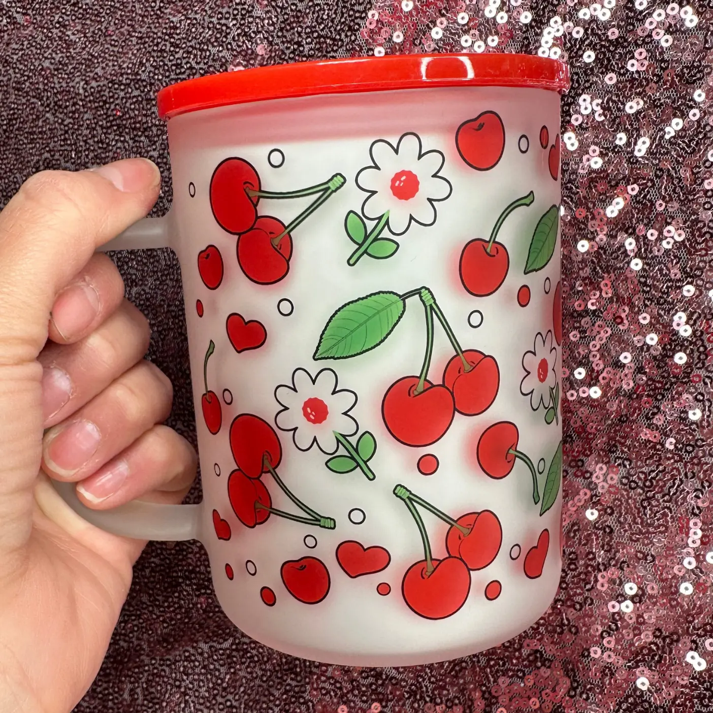 Cherry Flowers 17oz Frosted Glass Mug With Red Lid and Reusable Straw