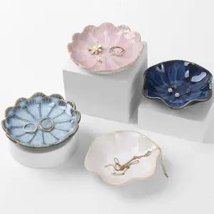 Jewelry Dish Lotus Leaf Shape Ring Holder Trinket Tray Key Bowl Ceramic Decorative Plate Boxes Organiser Ornaments Leaves-White