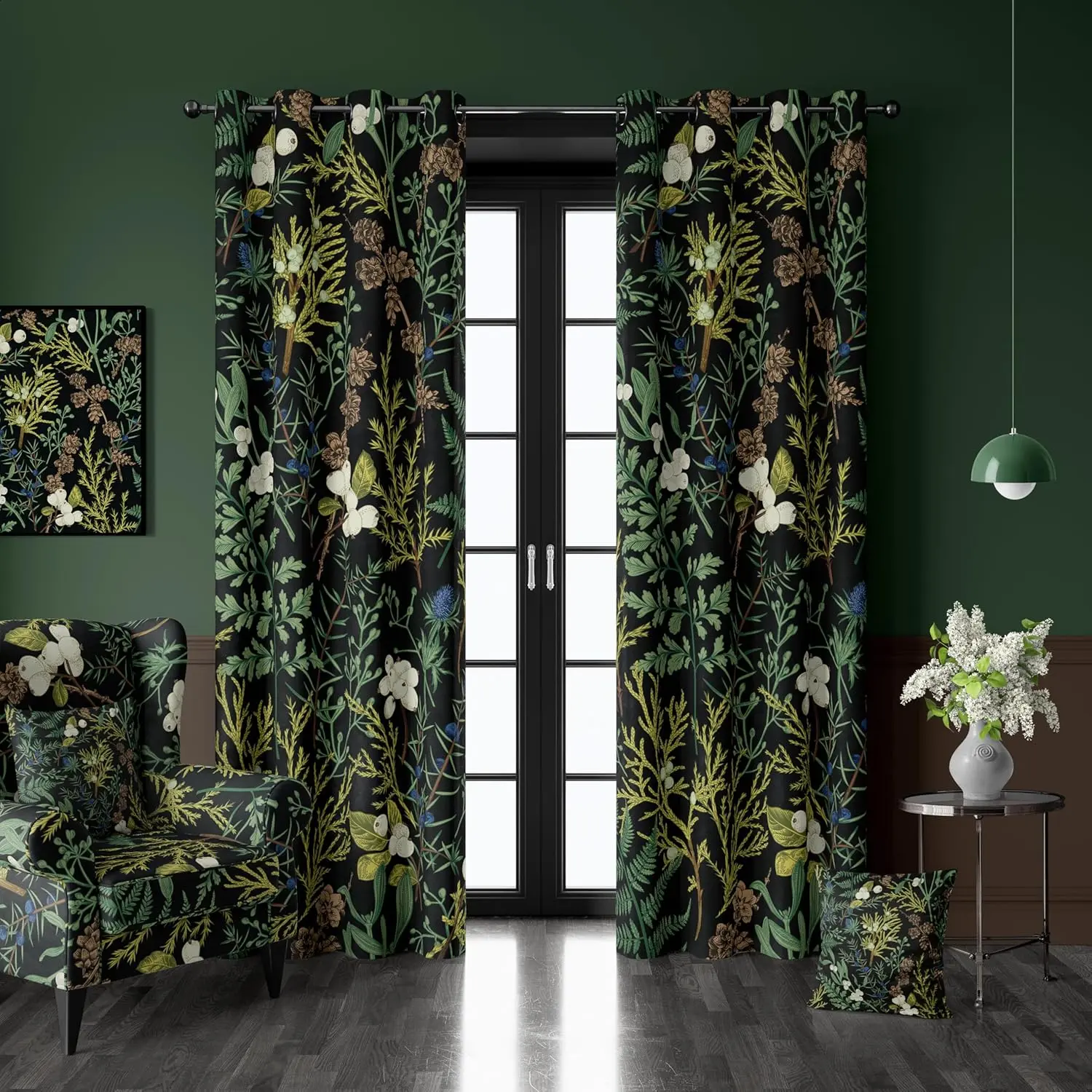 Botanical Curtains  Blackout 2 Panels Set Green  Black Out Curtain Black Floral Cottage Core Thermal Insulated Window Treatments Decor for Living Room Bedroom Curtain 52x96 Inch