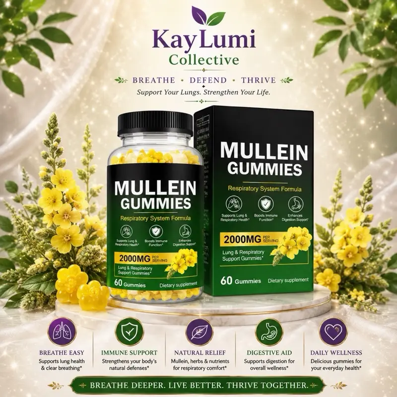 KayLumi Collective Botanical Edible Mullein Gummies, Gummy Form with Mullein Extract & Herbs, 2000mg Respiratory Health Support Lung Care Dietary Supplement, 60 Count