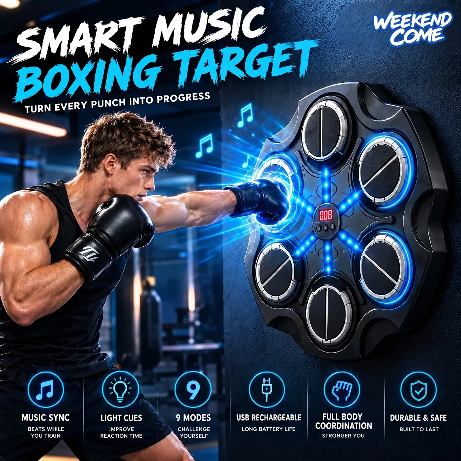 WEEKEND COME Smart Bluetooth Music Boxing Trainer, Wall-Mounted Adjustable Target,Free Boxing Gloves, Perfect Birthday/Christmas Gift.