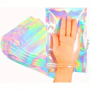 100 Pack Holographic Aluminum Resealable Bags - Plastic Zipper Storage Pouches with Rainbow Effect - Durable Reusable for Snacks, Coffee Beans, Soap, Cosmetics & Daily Home Organization - Waterproof Smell-Proof Design