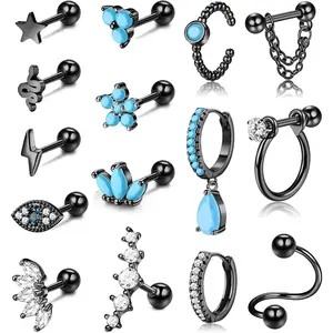 Sanfenly 15Pcs Cartilage Earrings Set, Twisted Curved Flower Snake Cuff Chain Dangle Turquoise Stud Hoop Helix Tragus Conch Piercing Jewelry