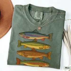 Comfort Colors Abstract Colorful Trout In A Row Shirt, River Fish Species, Fishing With Daddy, Summer Gift,  Casual Crewneck, Suitable for All Season