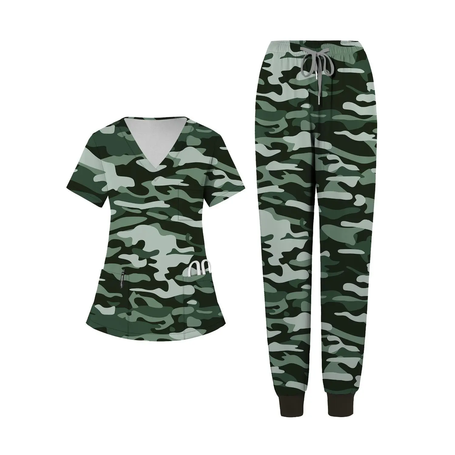 2-Piece Women's Camouflage V-Neck Breathable Pocketed Workwear Set with Brushed Finish