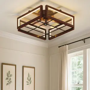 Modern Industrial Caged Ceiling Fan with Light, Wood Grain Finish with Mesh Grille, Flush Mount Fan Light with Remote Control for Bedroom, Living Room, Dining Room